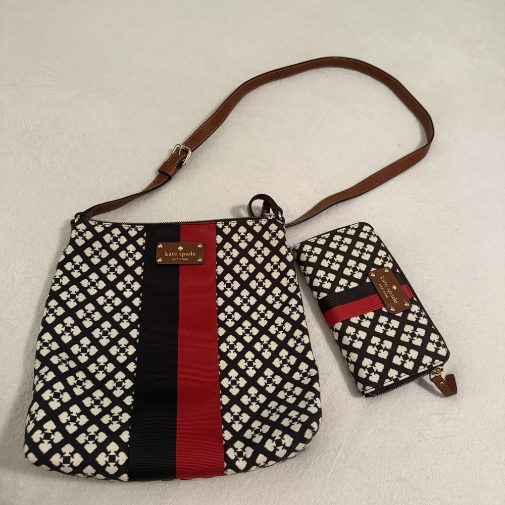 Kate Spade Classic Victoria Medium Crossbody Brown Red Canvas Bag & Wallet NWOT